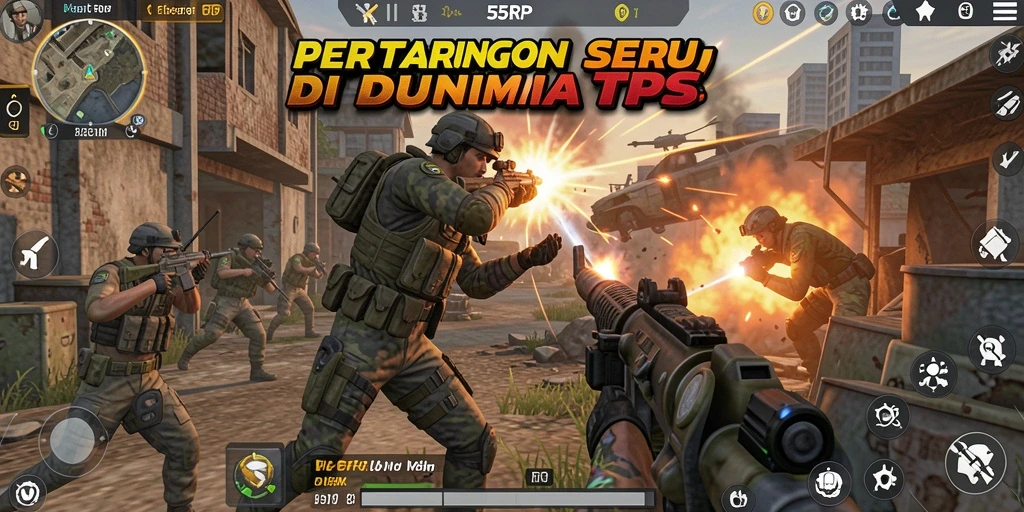 Tangkapan layar utama 55RP menampilkan aksi tembak-menembak yang mendebarkan dalam mode TPS.