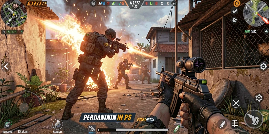 Screenshot gameplay AT777 yang menampilkan aksi pertempuran FPS.