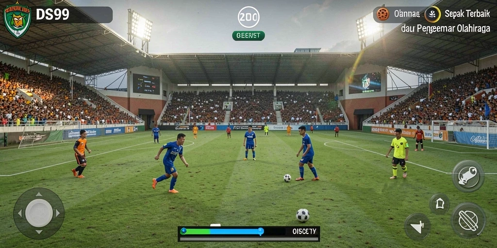 Tangkapan layar utama DS99 menampilkan aksi seru dalam pertandingan sepak bola.