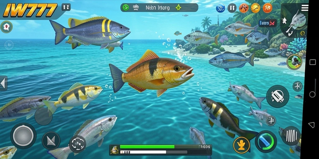 Screenshot IW777 menampilkan gameplay seru menangkap ikan.