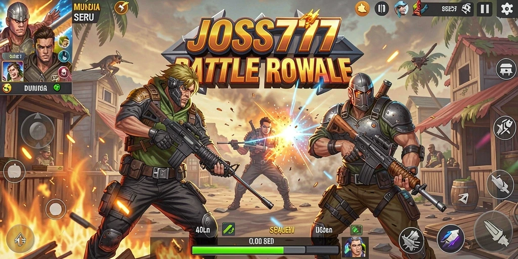 Screenshot JOSS777 menampilkan pemain dalam pertempuran Battle Royale yang mendebarkan.