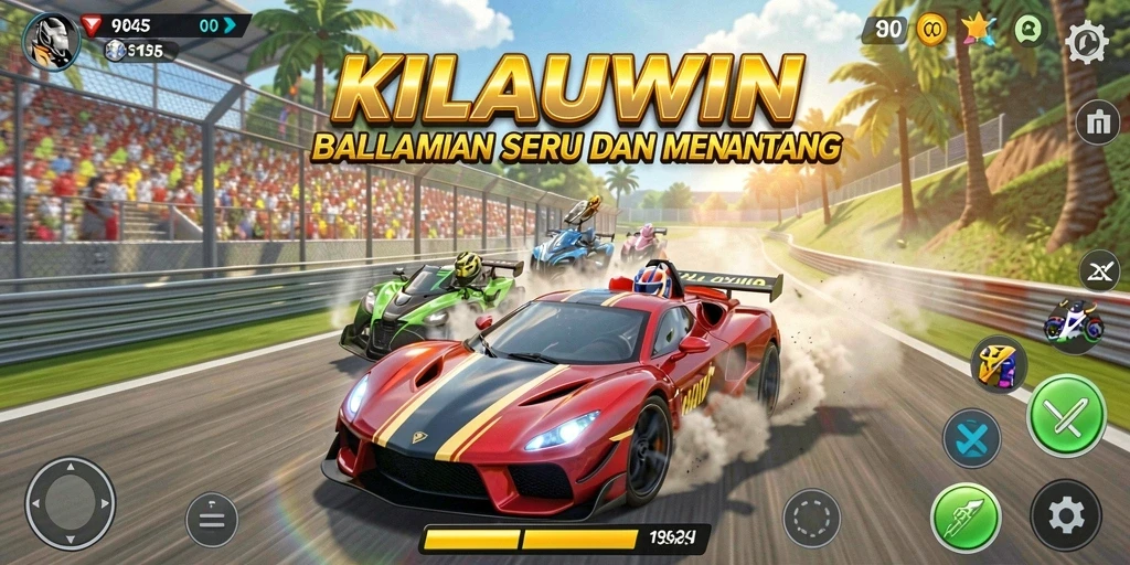 Tangkapan layar KILAUWIN menampilkan aksi balap mendebarkan di lintasan yang penuh warna.