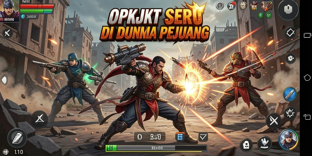Screenshot utama OKJKT menampilkan pertarungan seru karakter di arena.